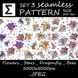 Seamless Pattern Floral design Nature - Lilies Bees Dragonflies Stars Digital wallpaper & fabric Endless Background DIY