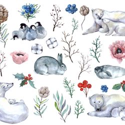 winter-clipart-greeting-cards-christmas-digital-stickers-png-cute-clipart-greeting-cards-polar-animals-digital-stickers