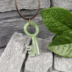 Skeleton key pendant made of green natural jade, good luck talisman.
