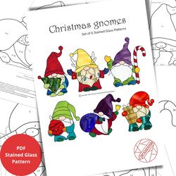 stained glass patterns suncatchers christmas gnomes - set of 6 - digital download pdf