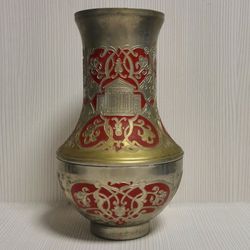 Soviet Vintage Brass Vase with Paintingl. Rare Antique Vase USSR