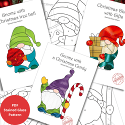 Stained Glass Suncatchers Patterns - Christmas Gnomes with a Christmas tree ball, gifts, Christmas candy- set of 3 PDF