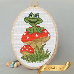 Frog on a mushroom pattern pdf cross stitch, animals embroidery DIY