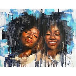 Contemporary oil painting on canvas Blue painting African american women
