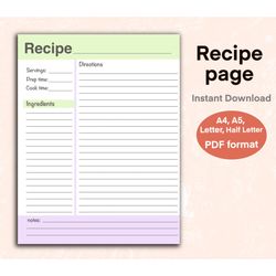 Recipe Template, Printable Recipe, Recipe Page, Cookbook Template, Recipe Card Template, Recipe Printable, Recipe Book T