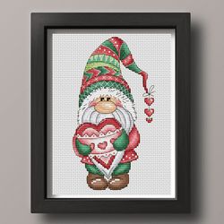 Gnome with heart cross stitch pattern PDF, gnome cross stitch pattern, valentines day gnome, valentine cross stitch