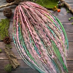 Bohemian set of textured DE dreadlocks and DE braids with curls pink green colors Ready to ship 21-22 inches
