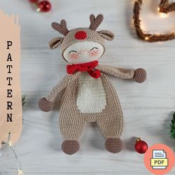 Reindeer Baby Lovey Crochet Pattern, Deer Doll Christmas Gift For Newborn Amigurumi Pattern PDF, Baby Comforter Crochet