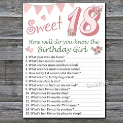 Sweet 18th How well do you know the birthday girl,Adult Birthday party game printable-fun games for her-Instant download