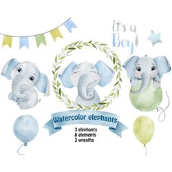 watercolor elephants clipart, boy nursery decor.