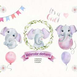 watercolor elephants clipart, girl nursery decor.