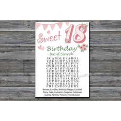 Sweet 18th Birthday Word Search Game,Adult Birthday party game printable-fun games for her-Instant download