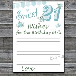 Sweet 21st Wishes for the birthday girl,Adult Birthday party game printable-fun games for her-Instant download