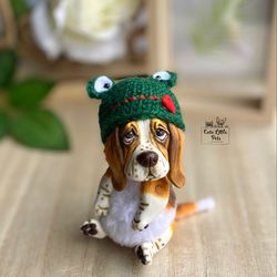 Basset hound dog collectible toy handmade realistic puppy gift frog hat
