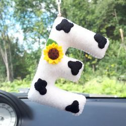Initial ornament, Cow print, Letter ornament, Car accessories for teens, Car mirror hanging accessories, Car guy gift