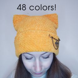 Cat ears beanie crochet 48 colors available! Fluffy beanie with ears Square beanie for teens