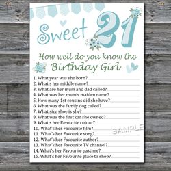 Sweet 21st How well do you know the birthday girl,Adult Birthday party game printable-fun games for her-Instant download