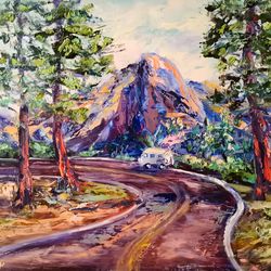 national parks trees mountain car road original art oil painting artist svinar oksana