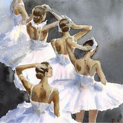 Ballerinas White swans. Original watercolor painting 8x8''