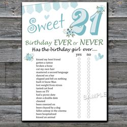Sweet 21st Birthday ever or never game,Adult Birthday party game printable-fun games for her-Instant download