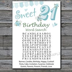Sweet 21st Birthday Word Search Game,Adult Birthday party game printable-fun games for her-Instant download