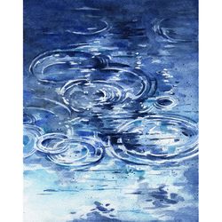 Rain painting calm original art Nordic artwork circles on water watercolor painting blue abstract wall art by AlyonArt