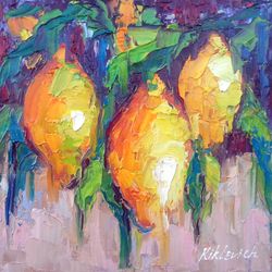 Lemon Painting Abstract Fruits Original Artwork Kitchen Fruit Oil Painting by 8x8 inch