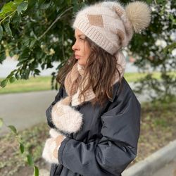 Winter hat and mittens, Warm and fluffy winter set of angora - hat, scarf and mittens. Knit hand,