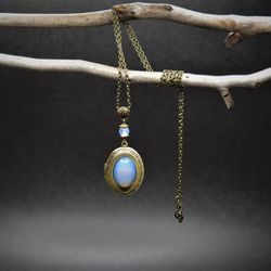 Opalite locket necklace, Moonstone medallion, Bronze locket in vintage style, Witchy jewelry gift, Mothers day gift