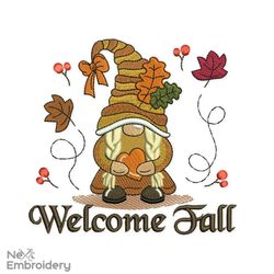 Welcome Fall Embroidery Design, Gnome Embroidery Designs