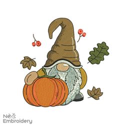 Fall Pumpkin Gnome Embroidery Design. Autumn Thanksgiving Gnome. Leafs and Pumpkin design