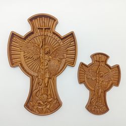 Archangel Michael 7.8" height wooden cross, Wall Crucifix, Catholic cross Wood, Crucifix Jesus, Wooden Carved Home Decor