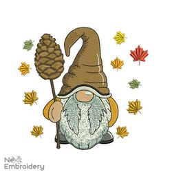 Fall Gnome Embroidery Design. Autumn Thanksgiving Gnome. Leafs and Acorns design
