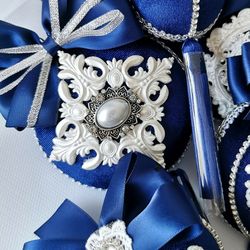 Christmas rhinestones ornaments,Handmade balls in gift box,Xmas decorations,Tree decor set, Navy blue baubles