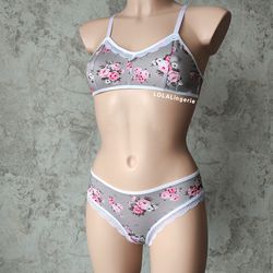 Organic cotton lingerie set , Grey Floral Women's Underwear by Lola Lingerie Brand, Luxury Handmade to Order