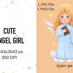 Cute Angel Girl with Bible, Digital Angel, Angel Print