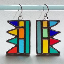 Large stained glass multicolor earrings, Mismatched glass earrings