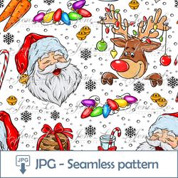 Santa Reindeer Cookies Seamless pattern 1JPG file Merry Christmas Digital Paper Repeating template Snowflakes Download