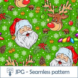 Santa deer green Seamless pattern 1JPG file Merry Christmas Digital Paper Repeating template Snowflakes Design Download