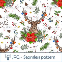 Christmas deer Seamless pattern 1JPG file Merry Christmas Digital Paper Repeating template decorations Design Download