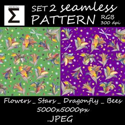 Seamless Pattern Floral design Nature - Lilies Bees Dragonflies Stars Digital wallpaper & fabric Endless Background DIY