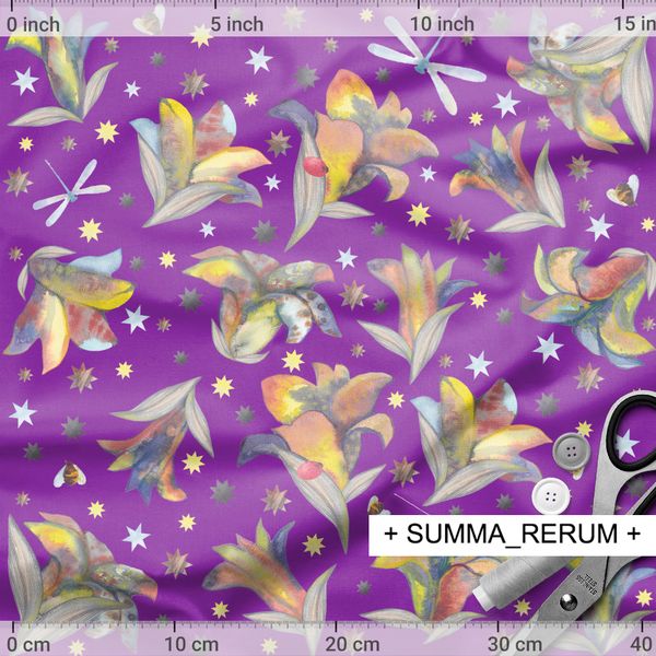 pattern for printing design fabric purple backgraund stars yellow lilies ladybag