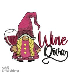 Wine Diva Gnome Embroidery Design, Wine Embroidery Design, Girl Gnome embroidery design,