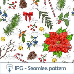 Christmas decoration Seamless pattern 1JPG file Merry Christmas Digital Paper Poinsettia Repeating template Download