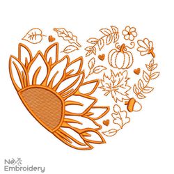 Fall Leaves Heart Embroidery Design, Sunflower Embroidery Design, Pumpkin , Fall Shirt, Halloween, Thanksgiving