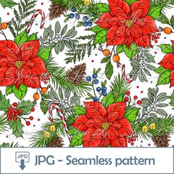 Christmas flower Seamless pattern 1JPG file Merry Christmas Digital Paper Poinsettia Repeating template Digital Download