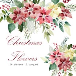 Christmas watercolor flowers, clipart.