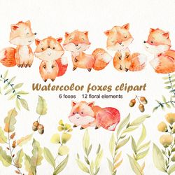 watercolor foxes clipart, nursery animals.