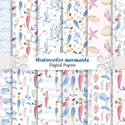 Watercolor mermaids, seamless patterns.
