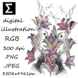 Illustration Watercolor art pattern Gemini Stars Flowers Nature Magic Printing postcards posters Home gallery Decor DIY
